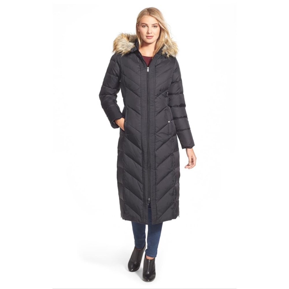 Larry Levine Charcoal Puffer Jacket with Faux Fur Trim
